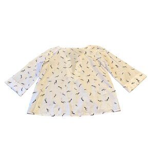 White & Black Fish Print Cotton Blouse With V-Neck & 3/4 Sleeves XS